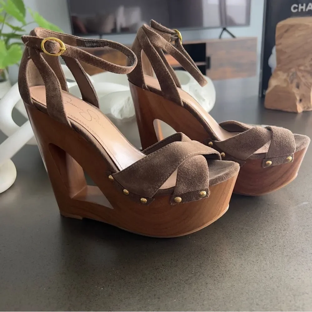 JESSICA SIMPSON Nikki Coffee Veronica Suede Wedge Heels Size 37B